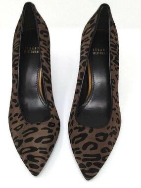 Stuart Weitzman Brown and Black Leopard Print Calf Hair Pointed Toe Pumps